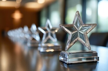 Clear Star-Shaped Awards Line a Conference Table