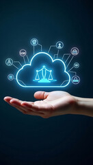 Obraz premium A glowing cloud with scales of justice hovering over a hand, representing legal technology and data security