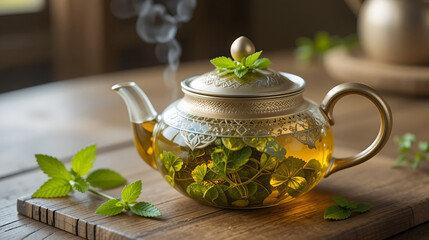 Asian teapot with sprigs of mint for tea