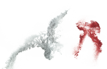 Silver red metallic glitter sparkle explosion in air. Silver red Glitter sand spark blink celebrate Chinese new year, fly throw silver glitters particle. White background isolated, selective focus