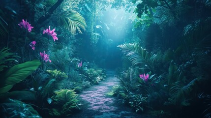 Naklejka premium Mysterious jungle path vibrant tropical foliage and pink flowers