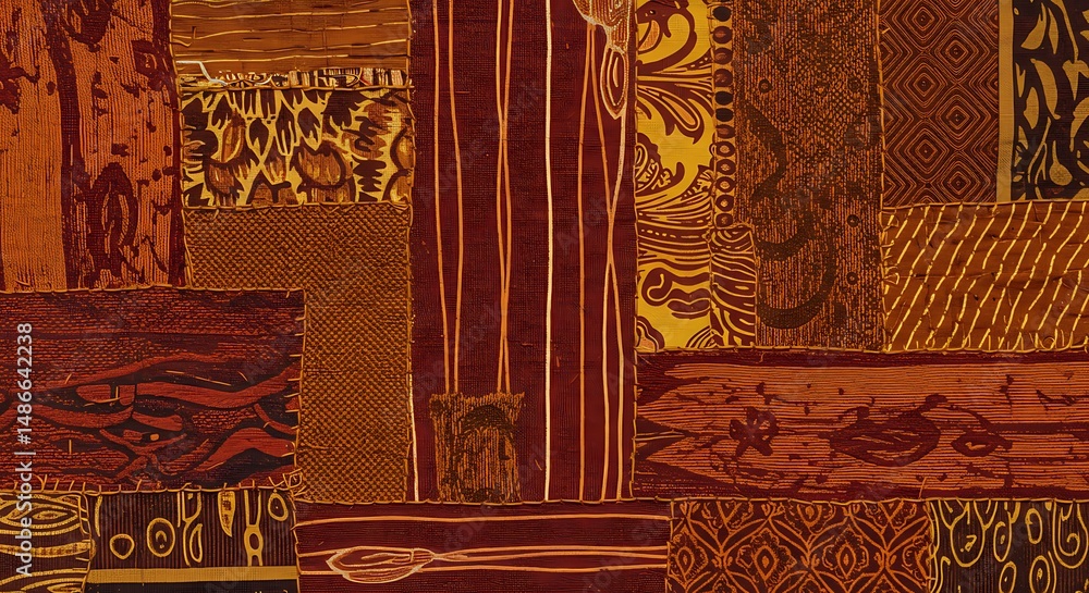 Poster abstract patchwork textile art in warm tones for backgrounds and surface design projects and crafts