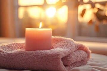 Soft pink candle on a fluffy towel, bathed in warm sunset light through a window