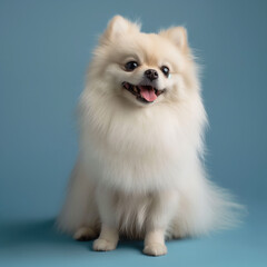 Fototapeta premium white Pomeranian dog portrait in blue studio background