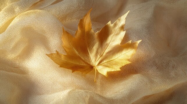 Golden maple leaf on beige fabric autumnal texture background
