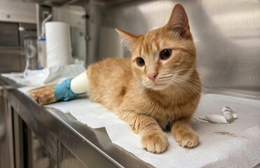 Photo of an orange cat with a cast on its leg, in an animal hospital. The room is made of stainless