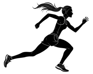 Obraz premium Silhouette of a female runner with ponytail in motion wearing athletic apparel on a white background