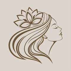 Elegant Woman Face with Lotus Flower and Flowing Hair – Beauty and Wellness Line Art Logo.