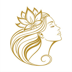 Elegant Woman Face with Lotus Flower and Flowing Hair – Beauty and Wellness Line Art Logo.
