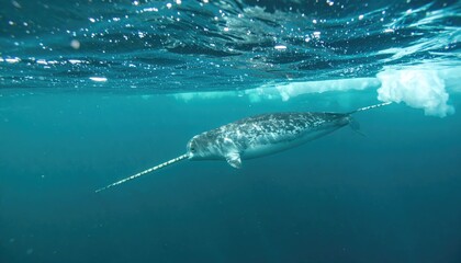 Fototapeta premium Majestic Narwhal Underwater: A single narwhal swims gracefully in the depths of a clear blue ocean, its long, distinctive tusk pointing forward. It's a scene of ethereal beauty.