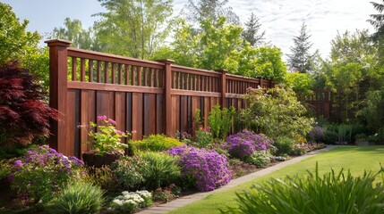 Bright Sunny Garden Framed By Elegant Wooden Fence Creating Lush Outdoor Sanctuary For Relaxation Inspiration