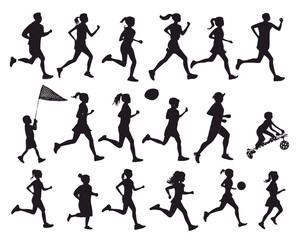 Silhouette illustration of people running playing and riding against a white background in black color