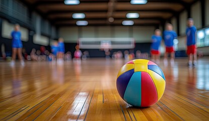 Colorful volleyball resting on gymnasium floor, children's sports activity in the background
