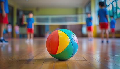 Colorful ball in school gymnasium. Children playing in the background
