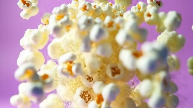 Popcorn flies up and falls down. On a purple background. Filmed on a high-speed camera at 1000 fps. High quality FullHD footage