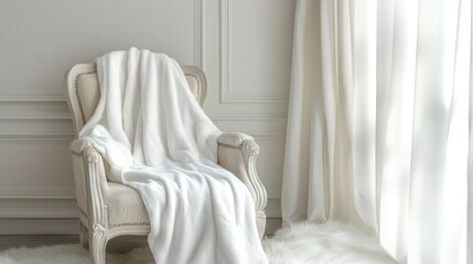Soft white blanket draped on elegant armchair home interior decor