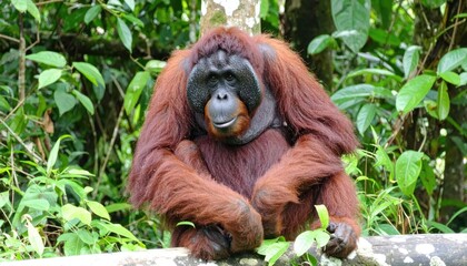 Obraz premium Majestic Orangutan of the Rainforest: A solitary orangutan, with its vibrant, reddish-brown fur and intelligent eyes, perches amidst the lush greenery of the tropical rainforest.