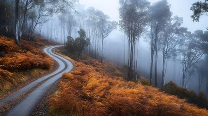 Misty Mountain Road Winding Through Autumnal Forest