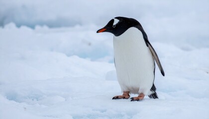 Naklejka premium Solitary Penguin in a Snowy Landscape: A single Gentoo penguin stands on a pristine expanse of snow, its black and white plumage stark against the icy backdrop.