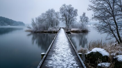 Naklejka premium Serene Winter Jetty Extends Over Snow Capped Surroundings Offering Peaceful Waterfront Views And Seasonal Calm