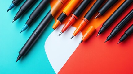 Colorful pens on a two tone background creative art supplies