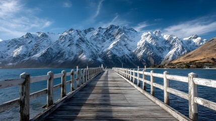 Discover tranquility on jetty overlooking majestic mountain range, serene retreat perfect for nature photography enthusiasts