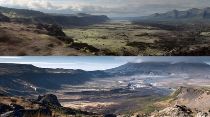 Compare volcanic landscapes side-by-side with split-screen visuals, revealing geological contrasts, evolution patterns, educational insights