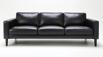 Obraz premium Isolated black leather sofa contemporary decor in a stylish interior featuring a clean white background