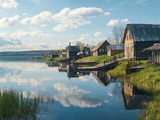 Fototapeta premium Lakeside Village with Wooden Houses, and Calm Water. (1)