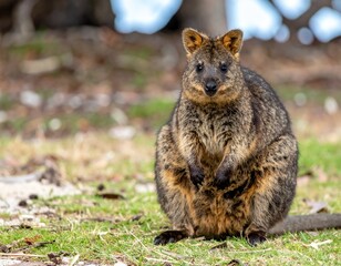 Obraz premium The Happy Quokka: A charming quokka with its iconic, friendly smile gazes directly at the camera, radiating positivity and joy, showcasing the essence of happiness in the animal kingdom.