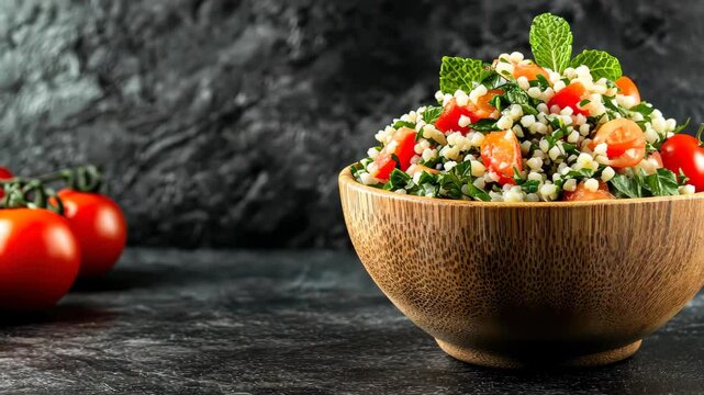 Delectable Tabbouleh Bowl: A vibrant wooden bowl is overflowing with fresh tabbouleh salad, adorned with juicy red tomatoes and a sprig of mint. A culinary masterpiece, rich in both color and taste.