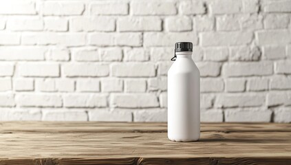 White water bottle on wooden table against white brick wall
