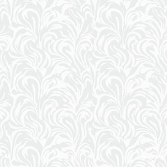 Seamless pattern of light gray stylized leaves or flourishes on a white background. Organic, fluid, and abstract design.
