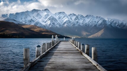 Fototapeta premium Serene Wooden Jetty Overlooking Majestic Mountain Range, Tranquil Lakeside Walkway, Panoramic Nature Views For Enthusiasts