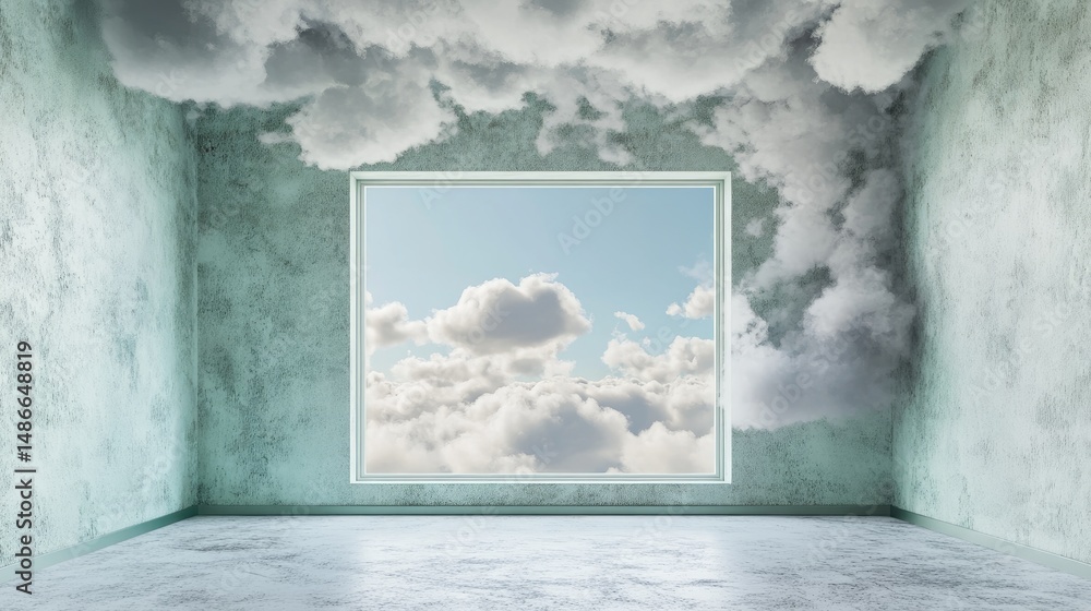 Poster empty room with a window to a cloudy sky.