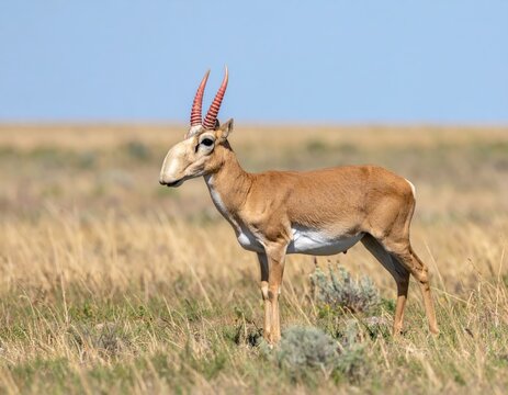 Saiga Antelope in Steppe: A saiga antelope, with its distinctive upturned nose and curved horns, stands alert in a vast, golden steppe under a clear blue sky.
