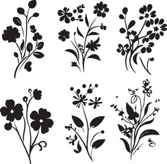 Black Floral Silhouette Clipart: Elegant Flower Bouquets Vector Art