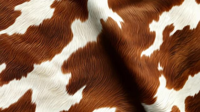 Cowhide Texture: Close-up view of a cowhide texture, showcasing its rich brown and white patches, soft fur, and natural folds. The image offers a detailed look at the animal's hide.