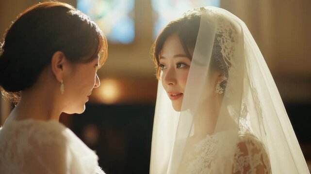 結婚式で母親と向き合う花嫁の感動的な瞬間
