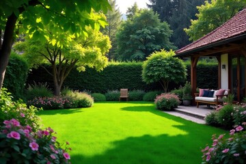 Fototapeta premium A lush, green backyard oasis featuring a meticulously manicured lawn, vibrant flowerbeds, and a charming patio area, perfect for relaxation and outdoor entertaining , spring, residential