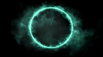 Obraz premium A glowing green neon circle against a black background with a subtle smoke effect. [Whispering Machines] | Static Dream | electric haze. Illustration
