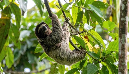 Fototapeta premium Sloth hanging in tree: The image showcases a sloth suspended from a tree branch, offering a detailed view of the animal in its natural habitat.
