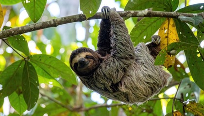 Fototapeta premium Sloth in Jungle Habitat: A close-up shot captures the adorable sloth hanging from a leafy branch, its relaxed expression reflecting the tranquility of its jungle home. 