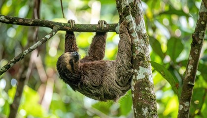 Sloth Hanging in Tree: A relaxed sloth hangs upside down from a branch in its natural rainforest habitat, showcasing its unique adaptation to arboreal life. This image captures the essence of nature.