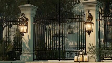 Ornate gate and lantern-adorned fence combining Victorian-inspired elegance with modern security and timeless style features
