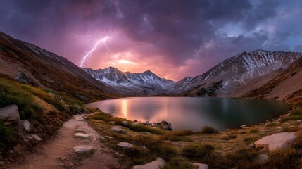 Fototapeta premium Admire a Pink Lightning Bolt Flashing Over a Pristine Twilight Horizon for Dramatic Evening Skyscape