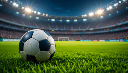 A lively football scene with a match-ready ball on lush turf and distant fans glowing in stadium lights