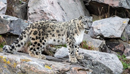 Snow Leopard on Rocky Terrain: A majestic snow leopard, with its striking spotted coat, perches confidently amidst a rugged rocky landscape.