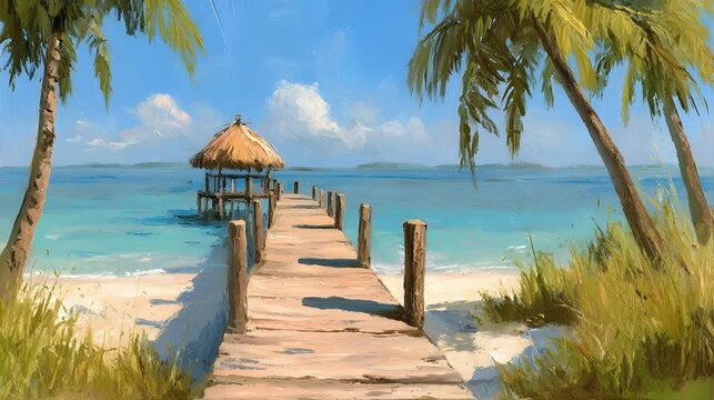 Tropical jetty with soft sand shoreline and charming tiki hut promising sun-soaked island relaxation experiences