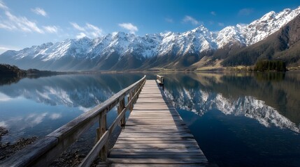 Experience Tranquil Lake Views from a Jetty Framed by Snowy Mountain Peaks and Pristine Waters